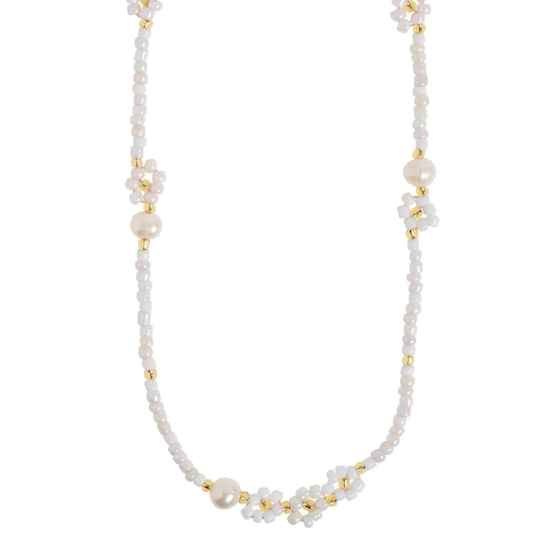 Elsa - White Beads Flower and Pearl Necklace