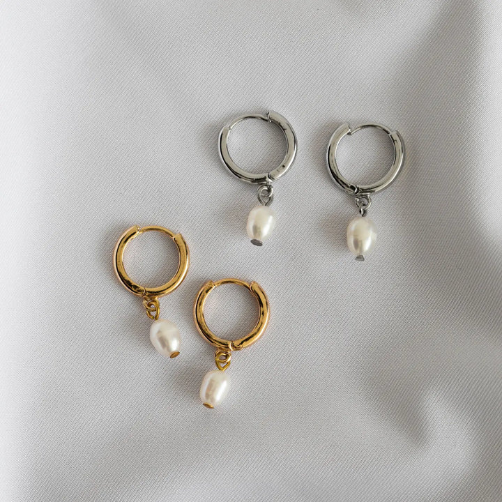 Pearl Small Hoop Earrings - Silver | Elegant