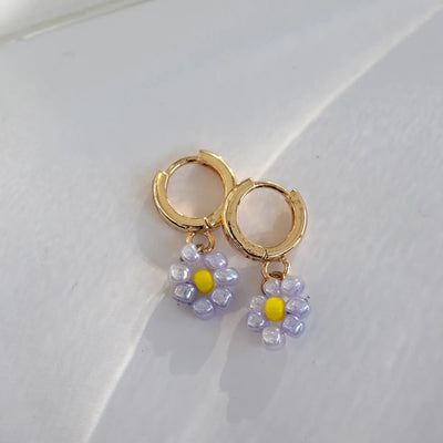 Violet Flower Bead Hoop Earring